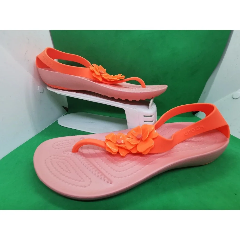 Crocs Serena Flower Embellished Flip Sandal Womens Siz 11 Bright Coral/Melon NEW